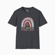 Autism T-Shirt By Daily Bloom Life Happens Visuals Help Tag-Free Tee Dark Heather Grey / S