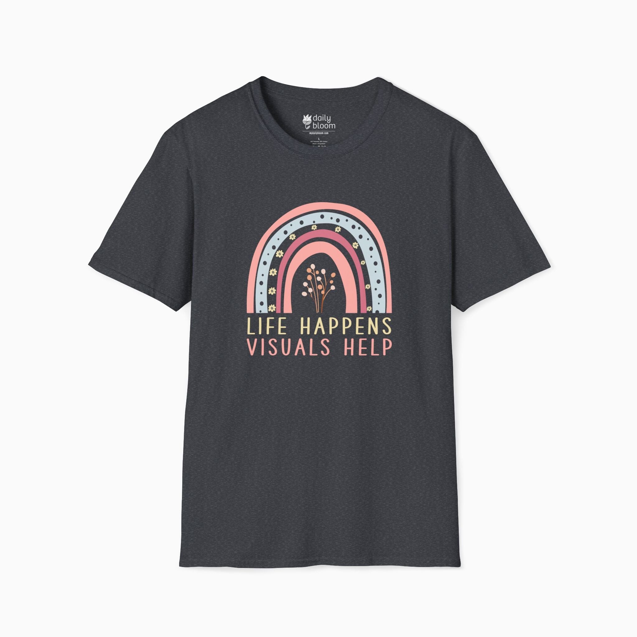Autism T-Shirt By Daily Bloom Life Happens Visuals Help Tag-Free Tee Dark Heather Grey / S