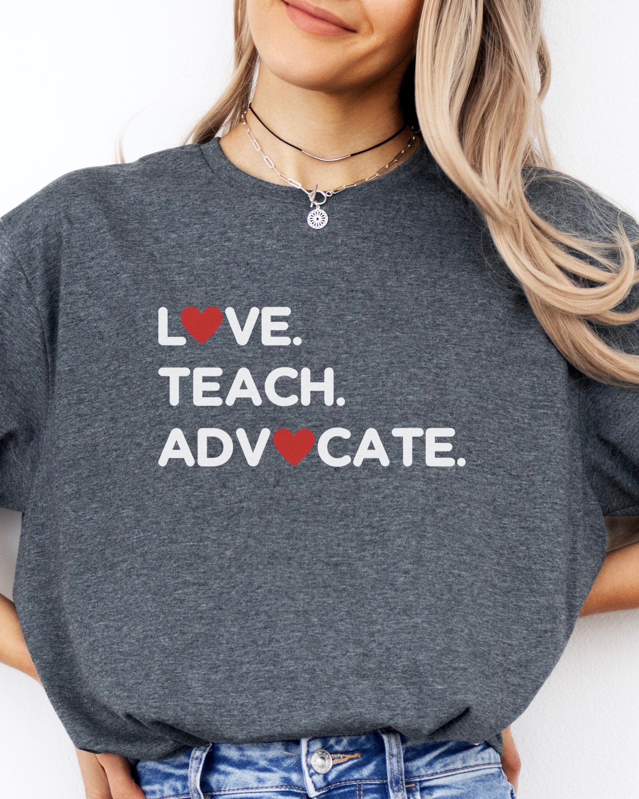 Love Teach Advocate - Love Hearts Tee-Neurodiversity, ADHD & Autism Awareness & Acceptance T-Shirt by Daily Bloom