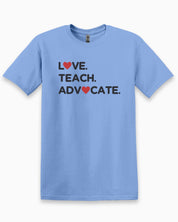 Love Teach Advocate - Love Hearts Tee-Carolina Blue-Neurodiversity, ADHD & Autism Awareness & Acceptance T-Shirt by Daily Bloom