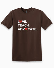 Love Teach Advocate - Love Hearts Tee-Dark Chocolate-Neurodiversity, ADHD & Autism Awareness & Acceptance T-Shirt by Daily Bloom