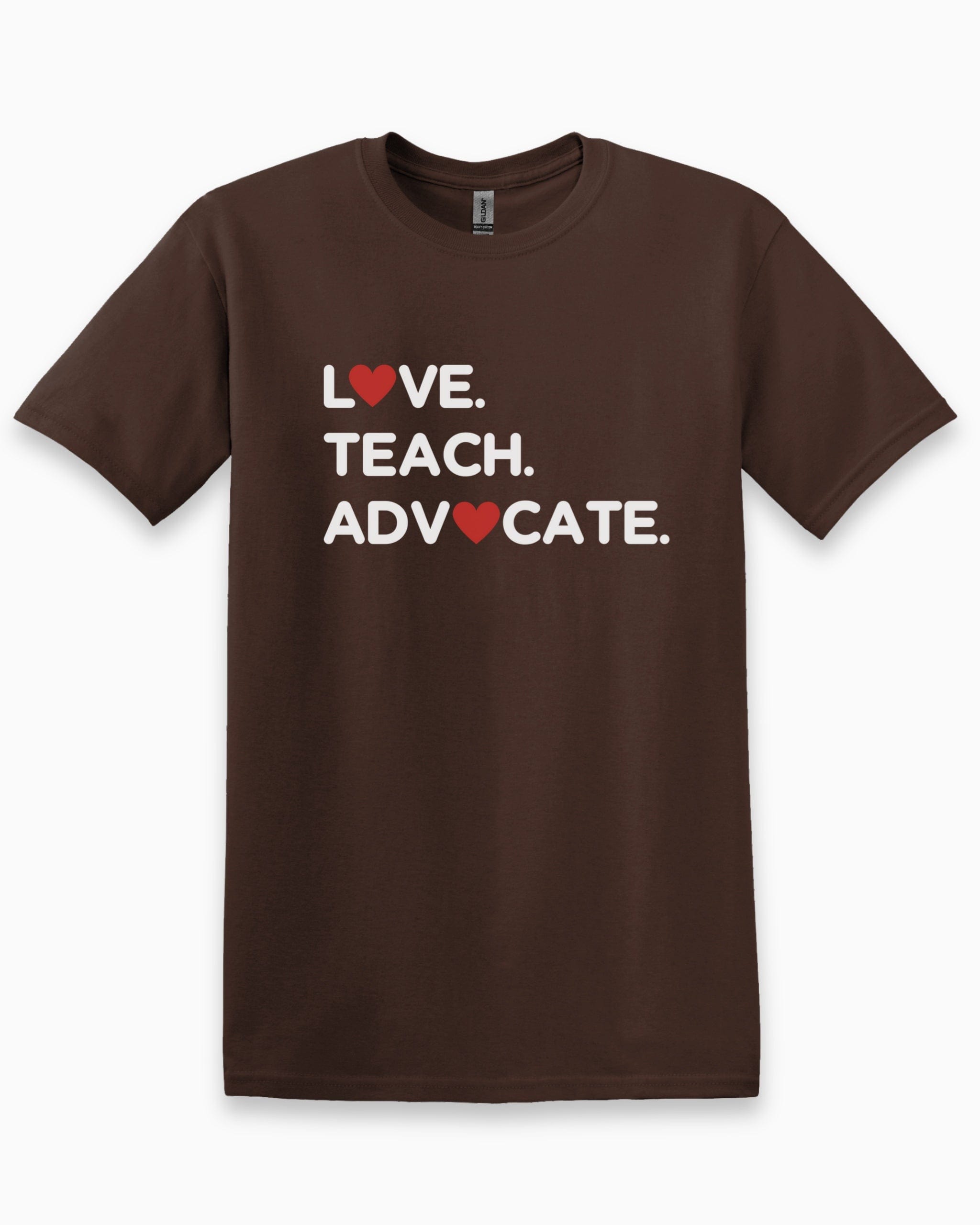 Love Teach Advocate - Love Hearts Tee-Dark Chocolate-Neurodiversity, ADHD & Autism Awareness & Acceptance T-Shirt by Daily Bloom
