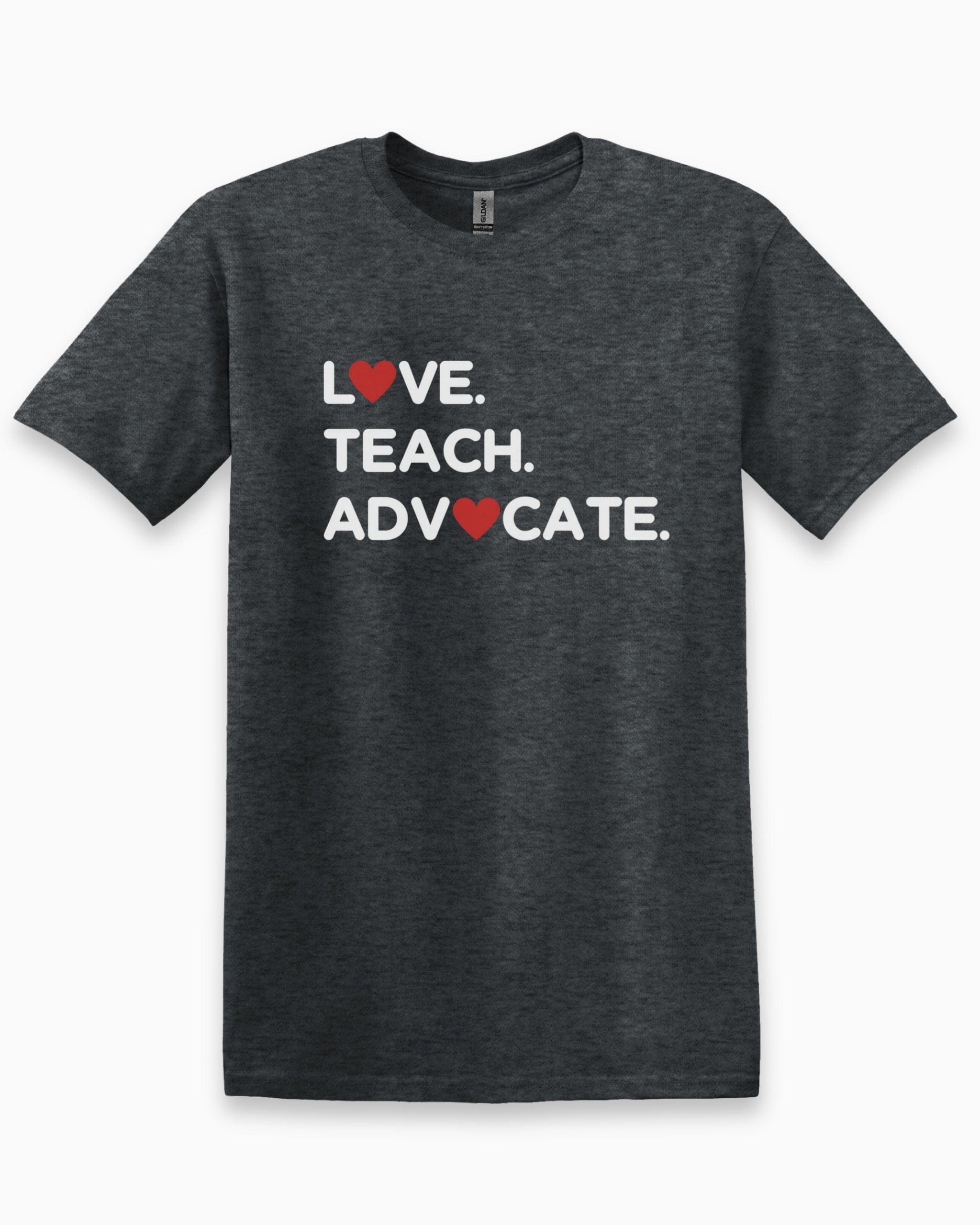 Love Teach Advocate - Love Hearts Tee-Dark Heather Grey-Neurodiversity, ADHD & Autism Awareness & Acceptance T-Shirt by Daily Bloom