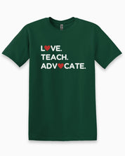 Love Teach Advocate - Love Hearts Tee-Forest Green-Neurodiversity, ADHD & Autism Awareness & Acceptance T-Shirt by Daily Bloom