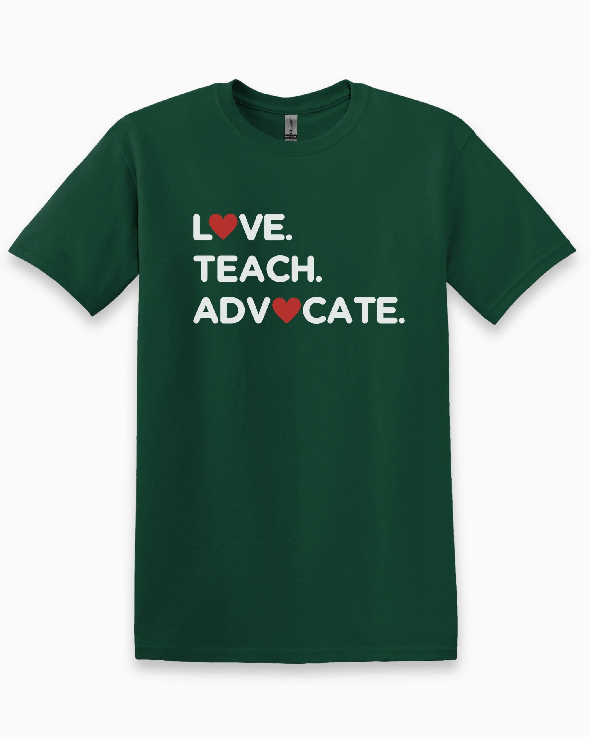 Love Teach Advocate - Love Hearts Tee-Forest Green-Neurodiversity, ADHD & Autism Awareness & Acceptance T-Shirt by Daily Bloom