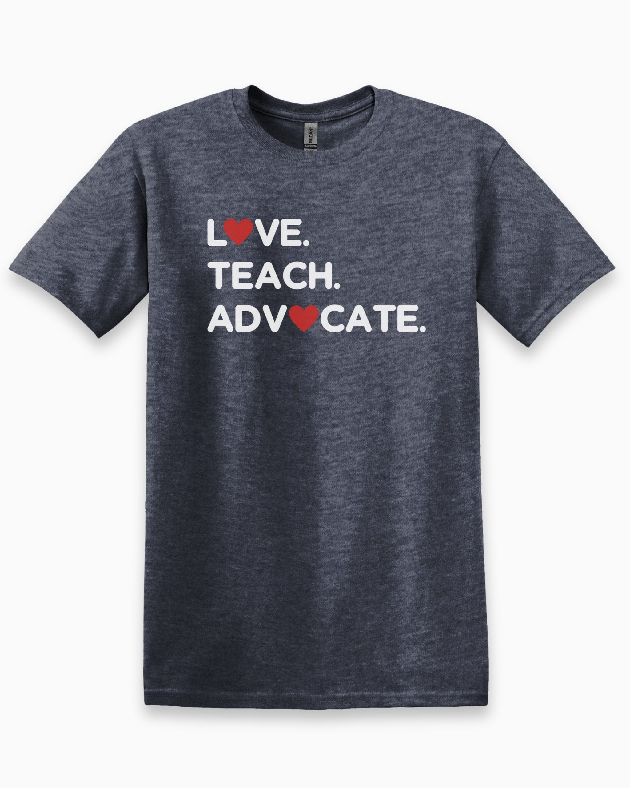 Love Teach Advocate - Love Hearts Tee-Heather Navy-Neurodiversity, ADHD & Autism Awareness & Acceptance T-Shirt by Daily Bloom