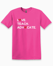 Love Teach Advocate - Love Hearts Tee-Heliconia-Neurodiversity, ADHD & Autism Awareness & Acceptance T-Shirt by Daily Bloom