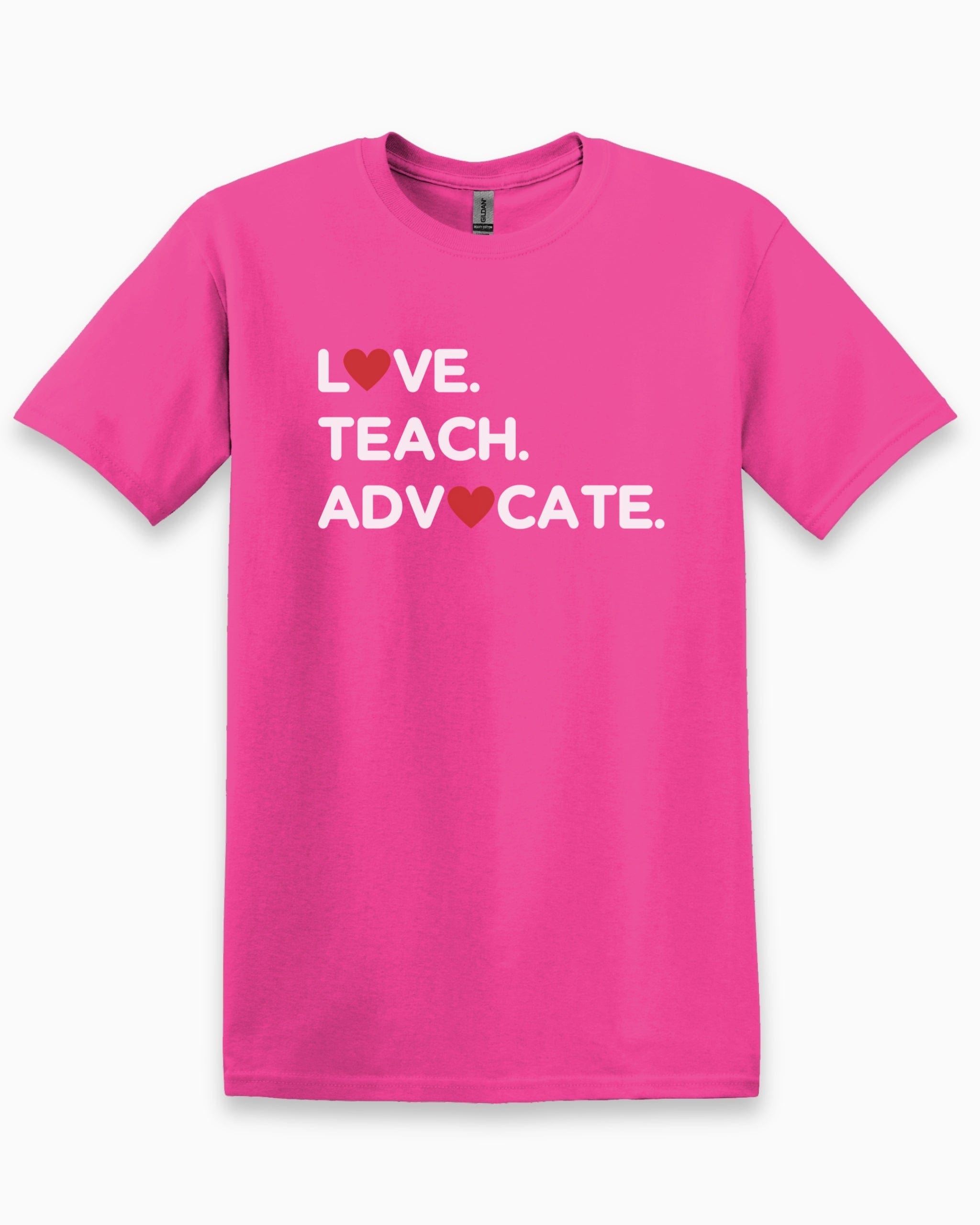 Love Teach Advocate - Love Hearts Tee-Heliconia-Neurodiversity, ADHD & Autism Awareness & Acceptance T-Shirt by Daily Bloom