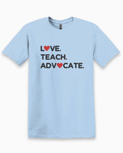 Love Teach Advocate - Love Hearts Tee-Light Blue-Neurodiversity, ADHD & Autism Awareness & Acceptance T-Shirt by Daily Bloom