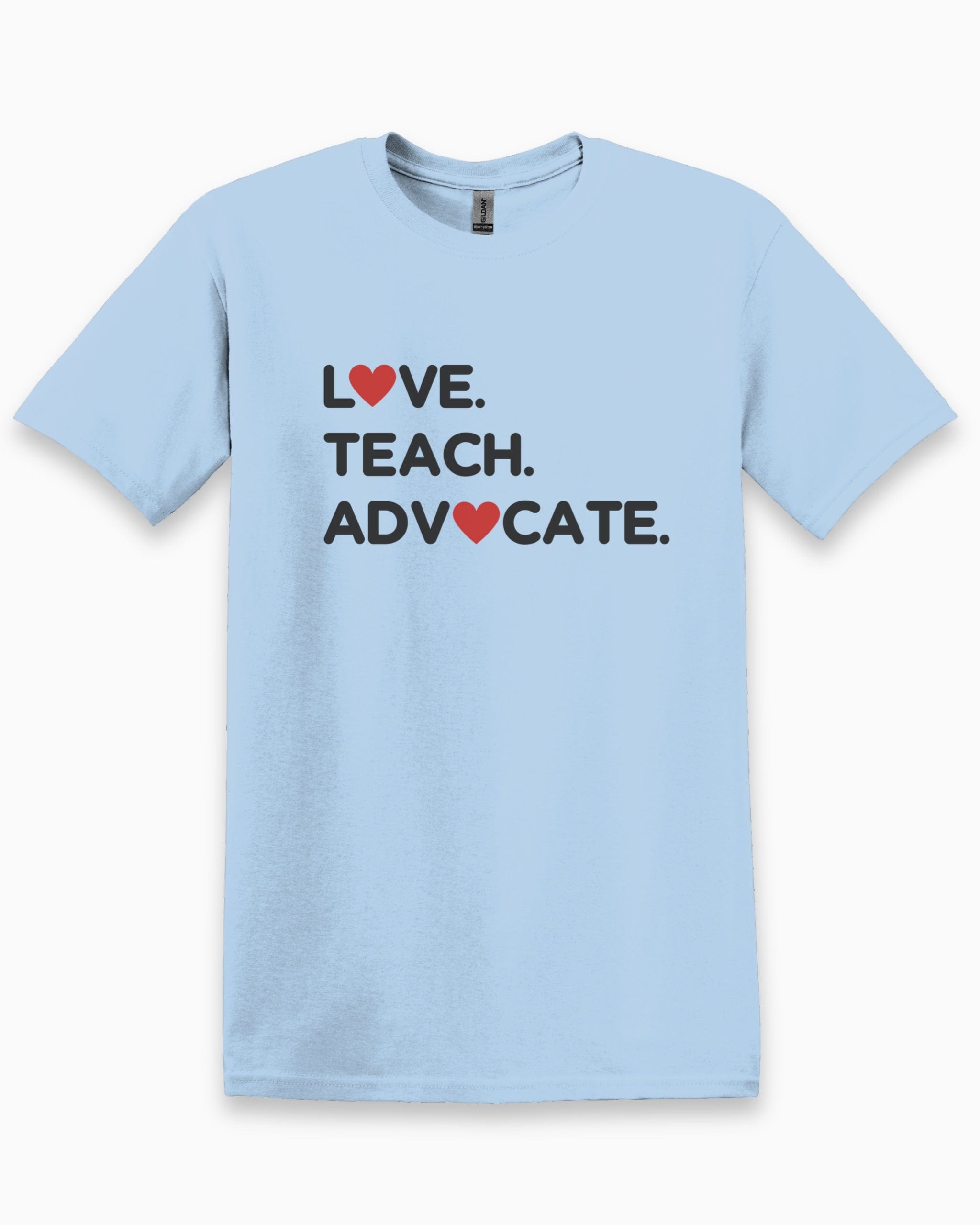 Love Teach Advocate - Love Hearts Tee-Light Blue-Neurodiversity, ADHD & Autism Awareness & Acceptance T-Shirt by Daily Bloom