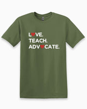 Love Teach Advocate - Love Hearts Tee-Military Green-Neurodiversity, ADHD & Autism Awareness & Acceptance T-Shirt by Daily Bloom