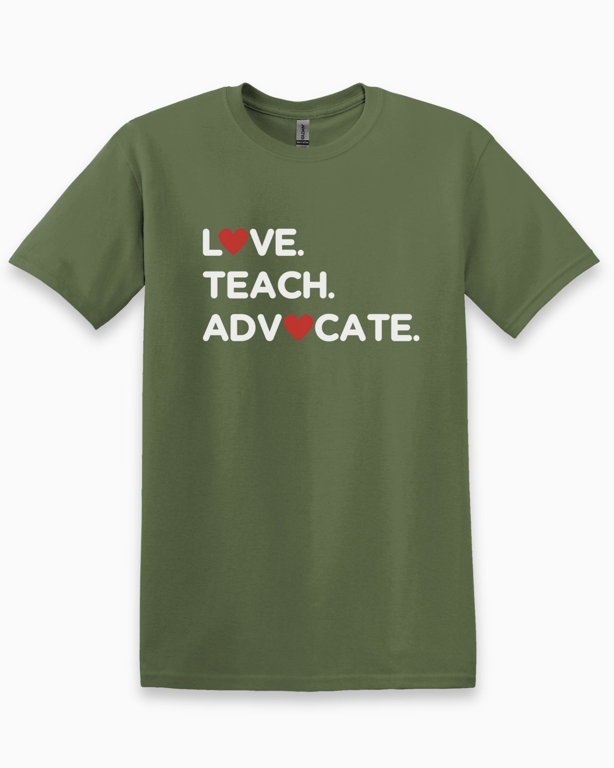 Love Teach Advocate - Love Hearts Tee-Military Green-Neurodiversity, ADHD & Autism Awareness & Acceptance T-Shirt by Daily Bloom