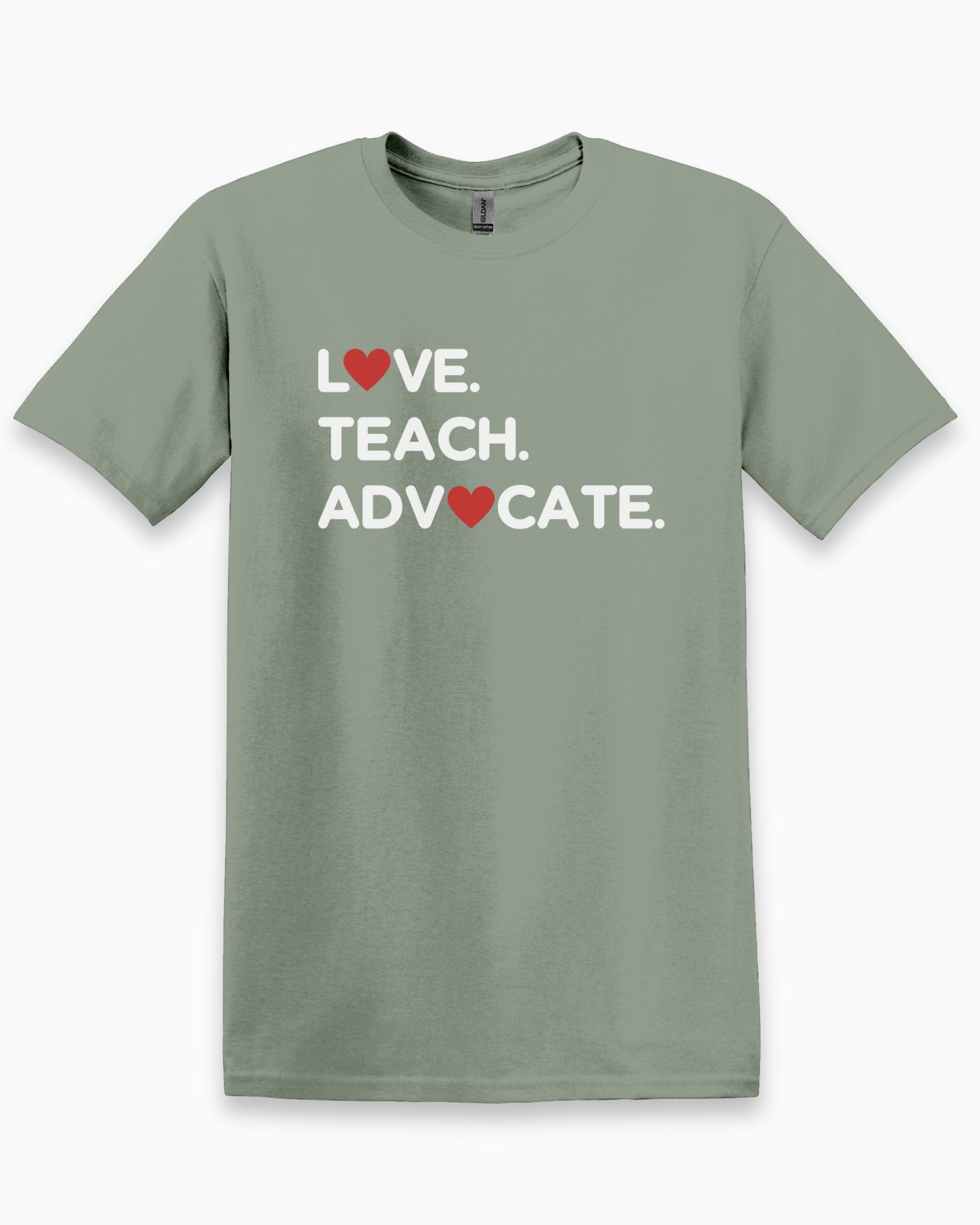 Love Teach Advocate - Love Hearts Tee-Sage-Neurodiversity, ADHD & Autism Awareness & Acceptance T-Shirt by Daily Bloom