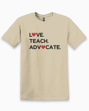 Love Teach Advocate - Love Hearts Tee-Sand-Neurodiversity, ADHD & Autism Awareness & Acceptance T-Shirt by Daily Bloom