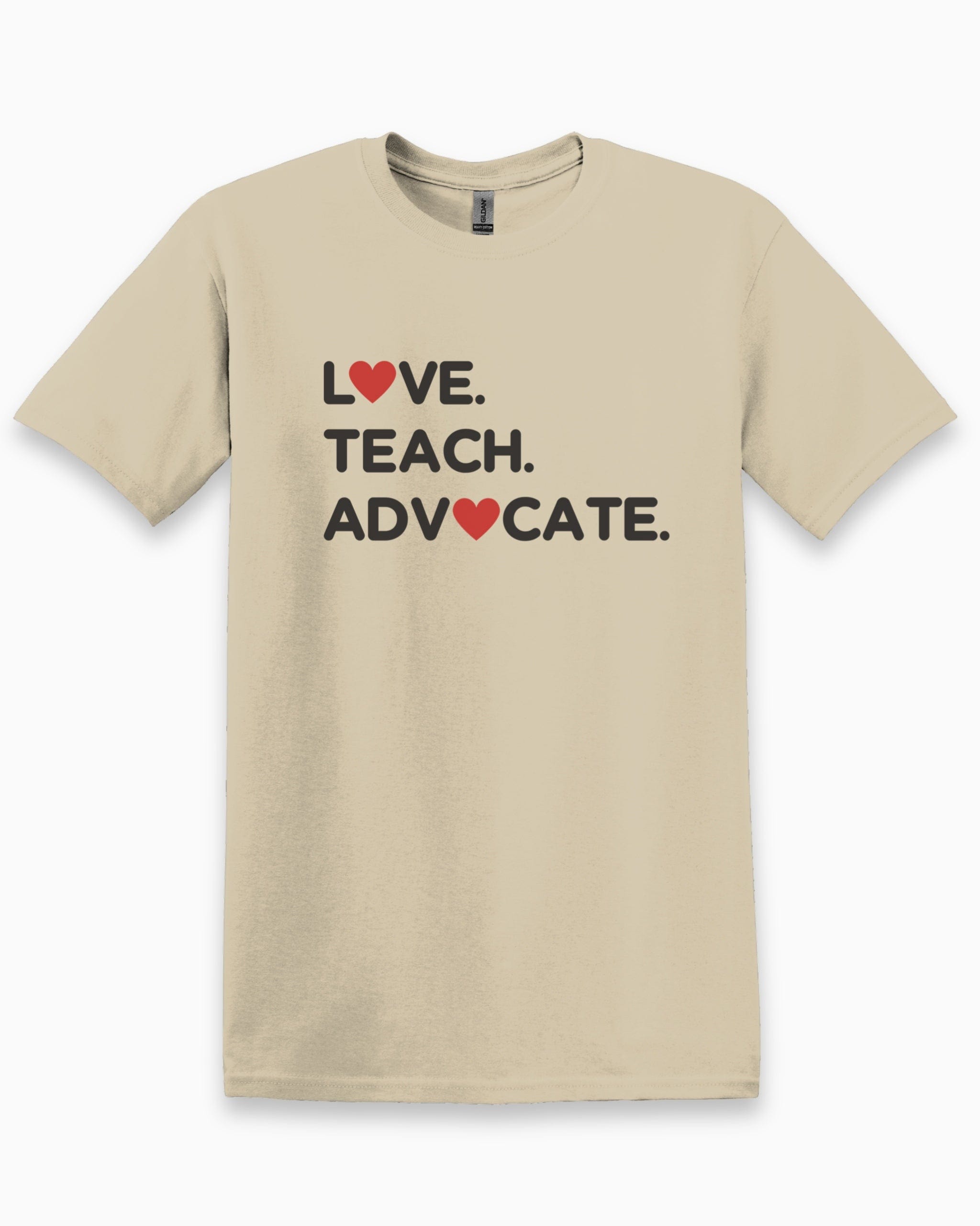 Love Teach Advocate - Love Hearts Tee-Sand-Neurodiversity, ADHD & Autism Awareness & Acceptance T-Shirt by Daily Bloom