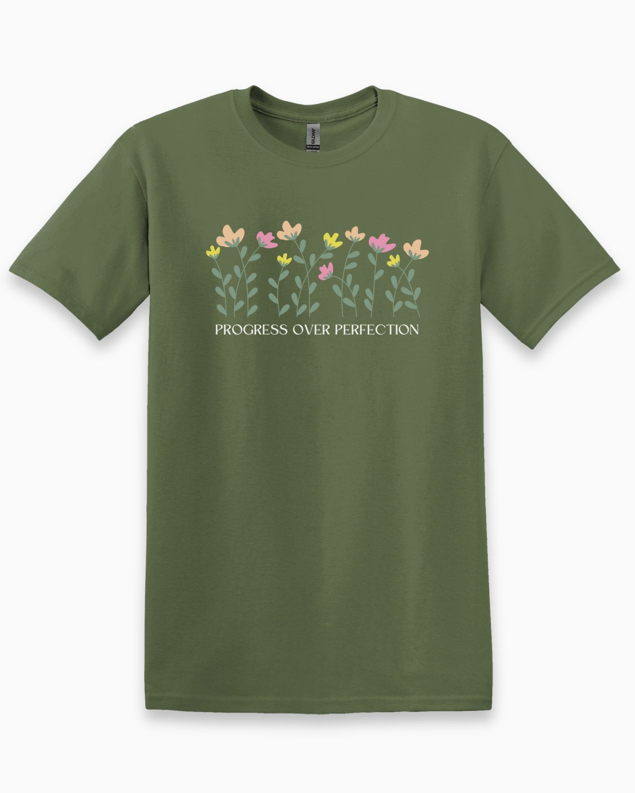 Progress over Perfection Tee-Military Green-Neurodiversity, ADHD & Autism Awareness & Acceptance T-Shirt by Daily Bloom