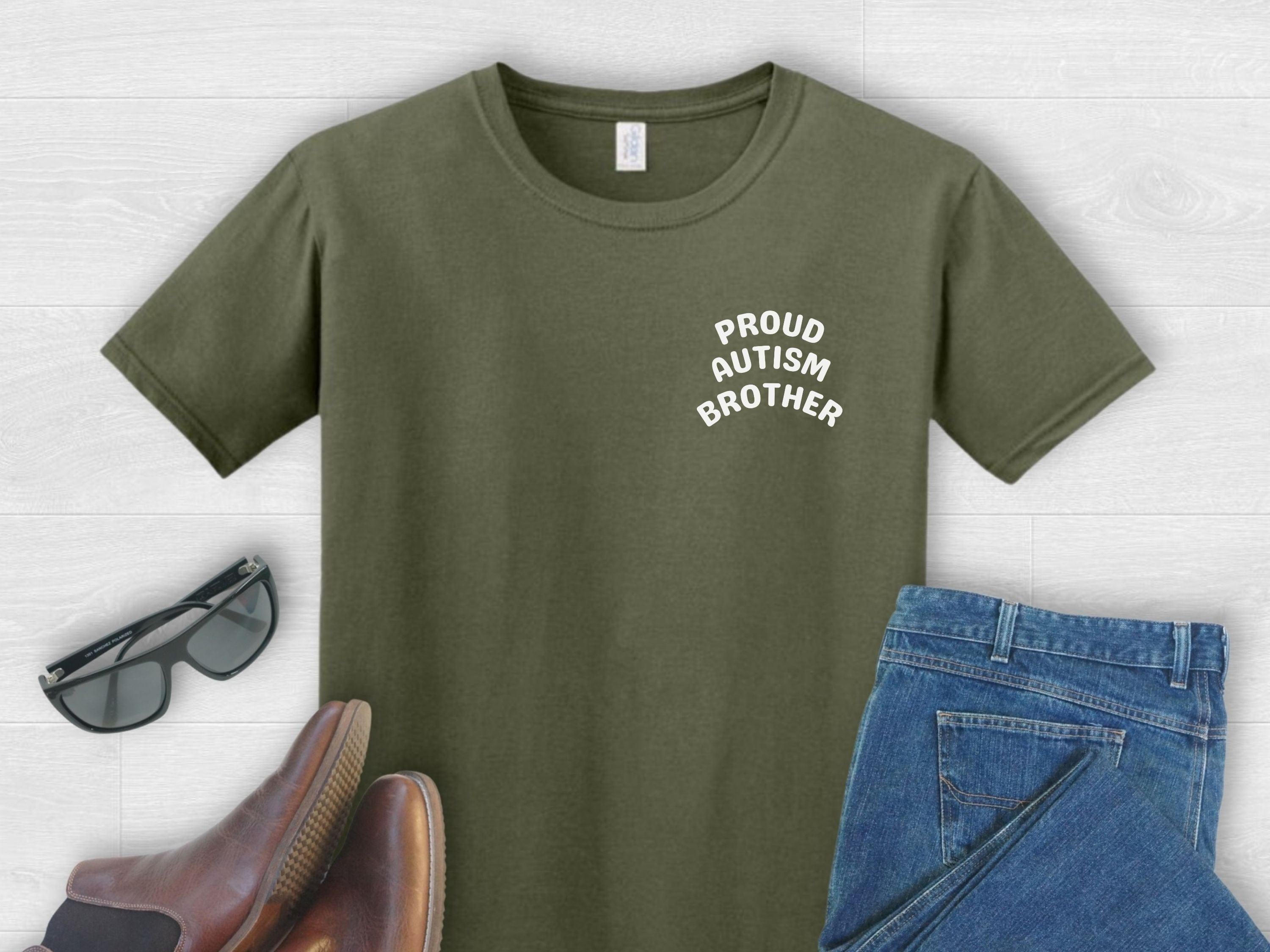 Proud Autism Brother Tee-Military Green-Neurodiversity, ADHD & Autism Awareness & Acceptance T-Shirt by Daily Bloom