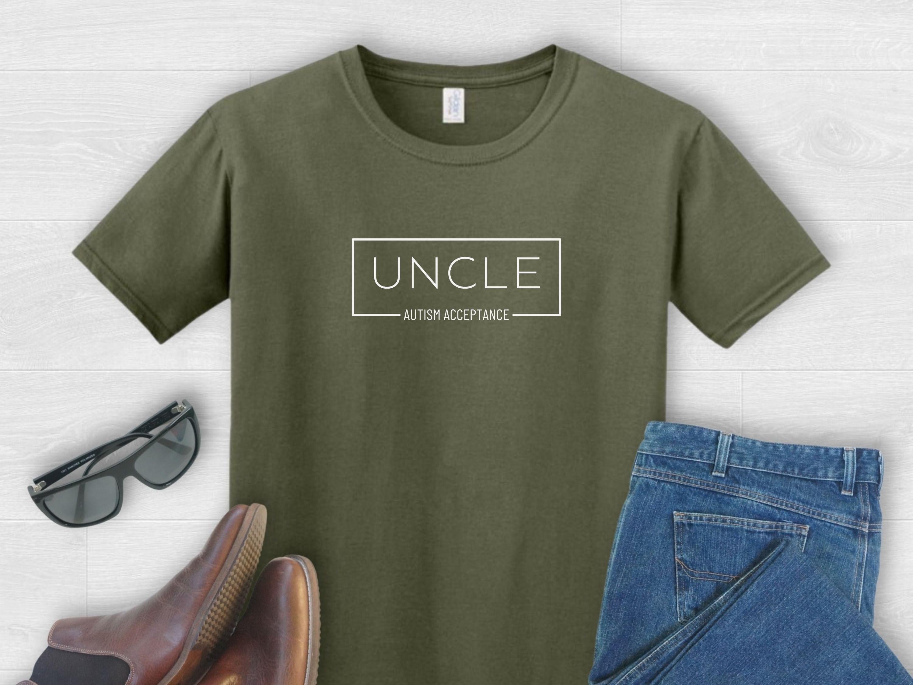 Uncle Autism Acceptance Box Tee-Military Green-Neurodiversity, ADHD & Autism Awareness & Acceptance T-Shirt by Daily Bloom