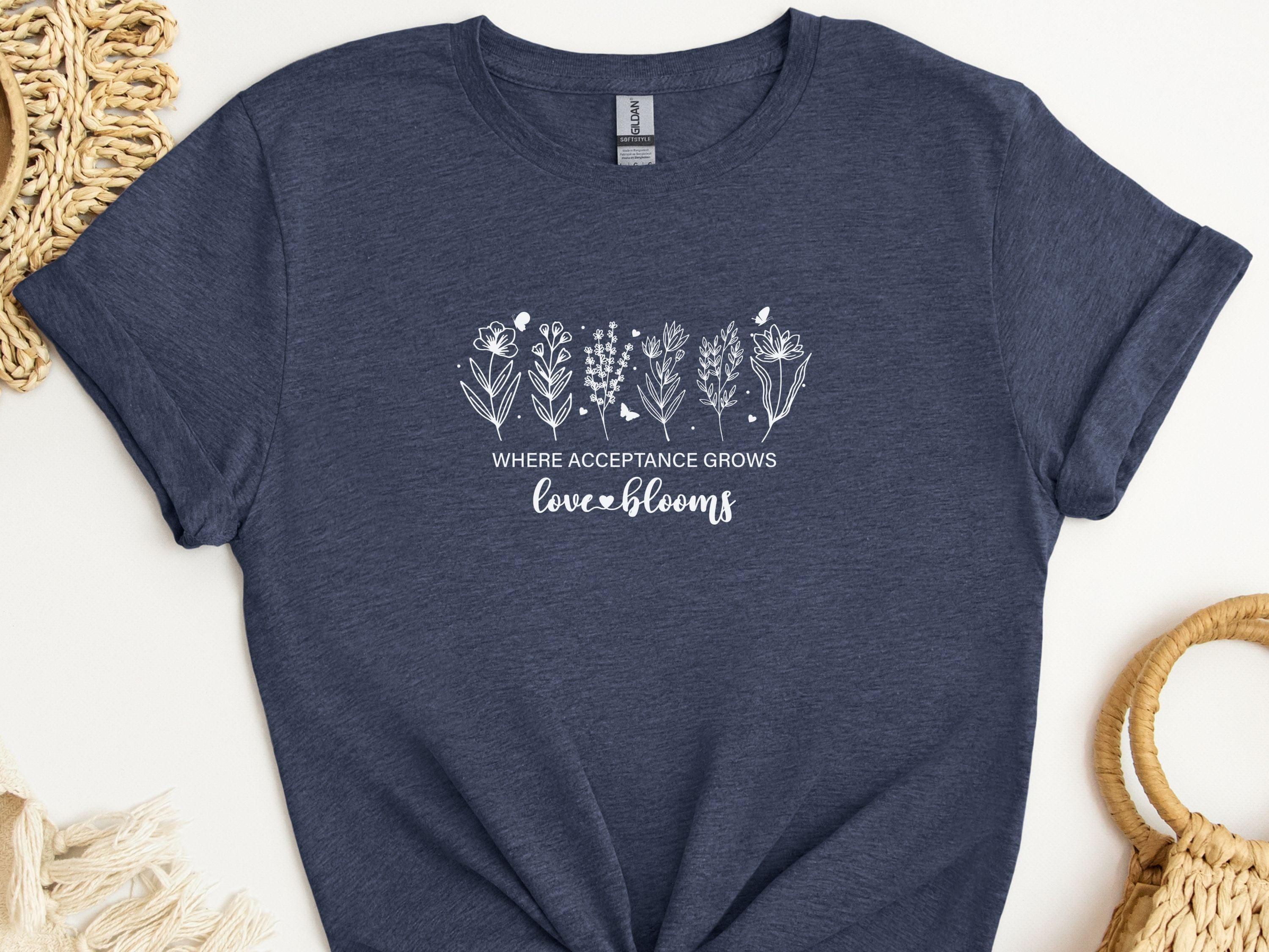 Where Acceptance Grows Love Blooms WildflowersTee-Heather Navy-Neurodiversity, ADHD & Autism Awareness & Acceptance T-Shirt by Daily Bloom