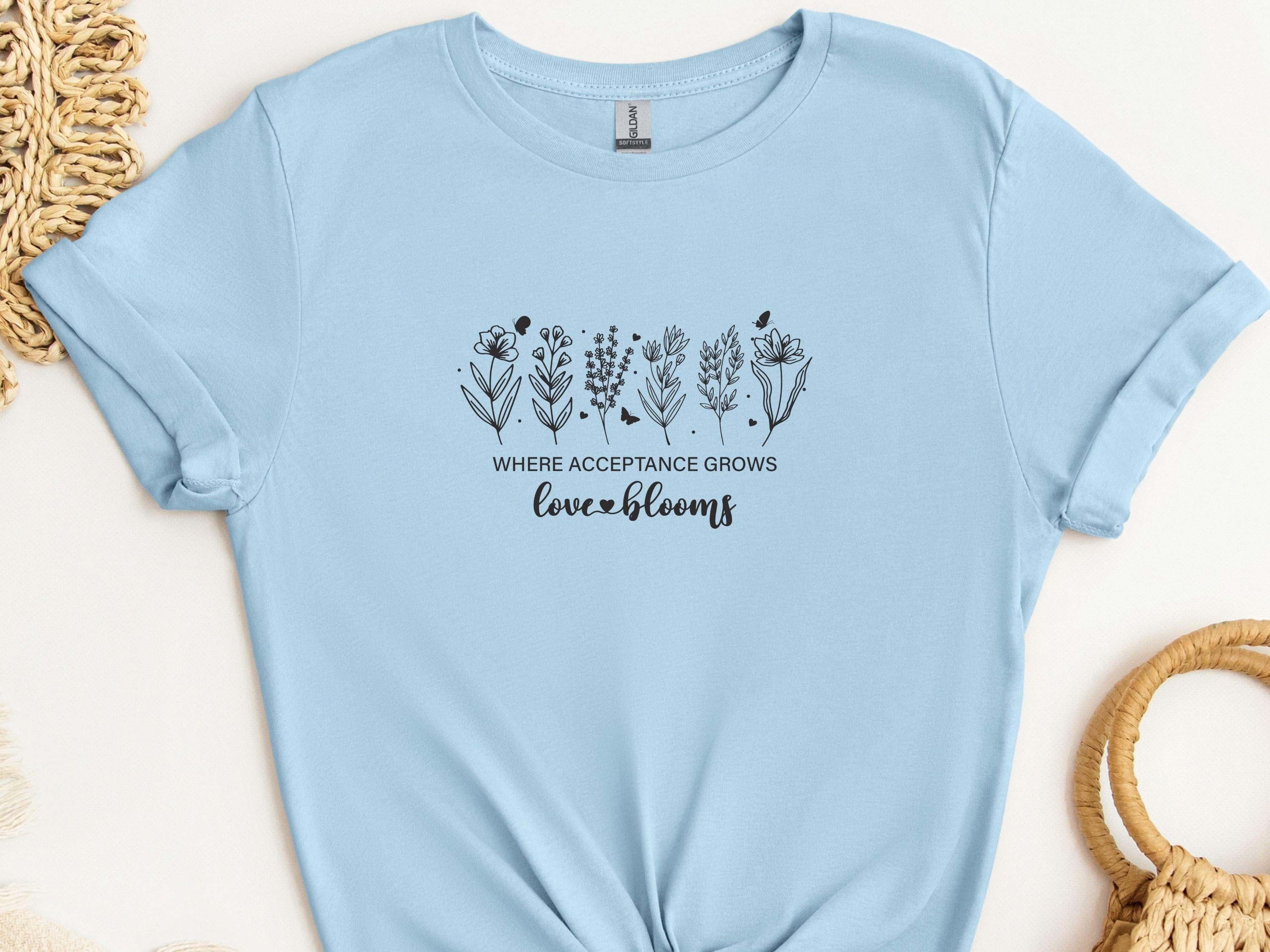 Where Acceptance Grows Love Blooms WildflowersTee-Light Blue-Neurodiversity, ADHD & Autism Awareness & Acceptance T-Shirt by Daily Bloom