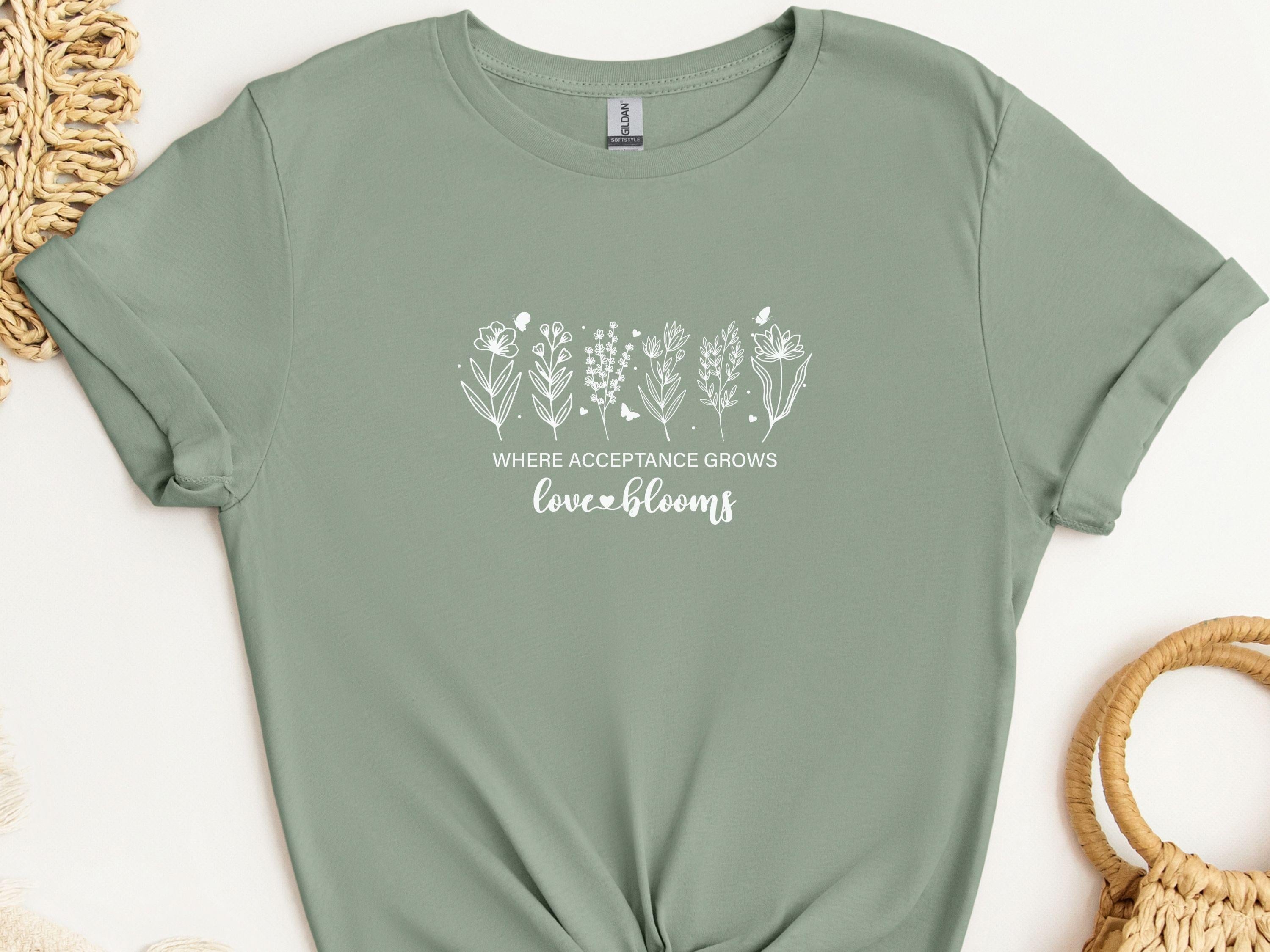 Where Acceptance Grows Love Blooms WildflowersTee-Sage-Neurodiversity, ADHD & Autism Awareness & Acceptance T-Shirt by Daily Bloom