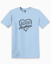 ADHD Acceptance Love Heart Sketch Tee-Light Blue-Neurodiversity, ADHD & Autism Awareness & Acceptance T-Shirt by Daily Bloom