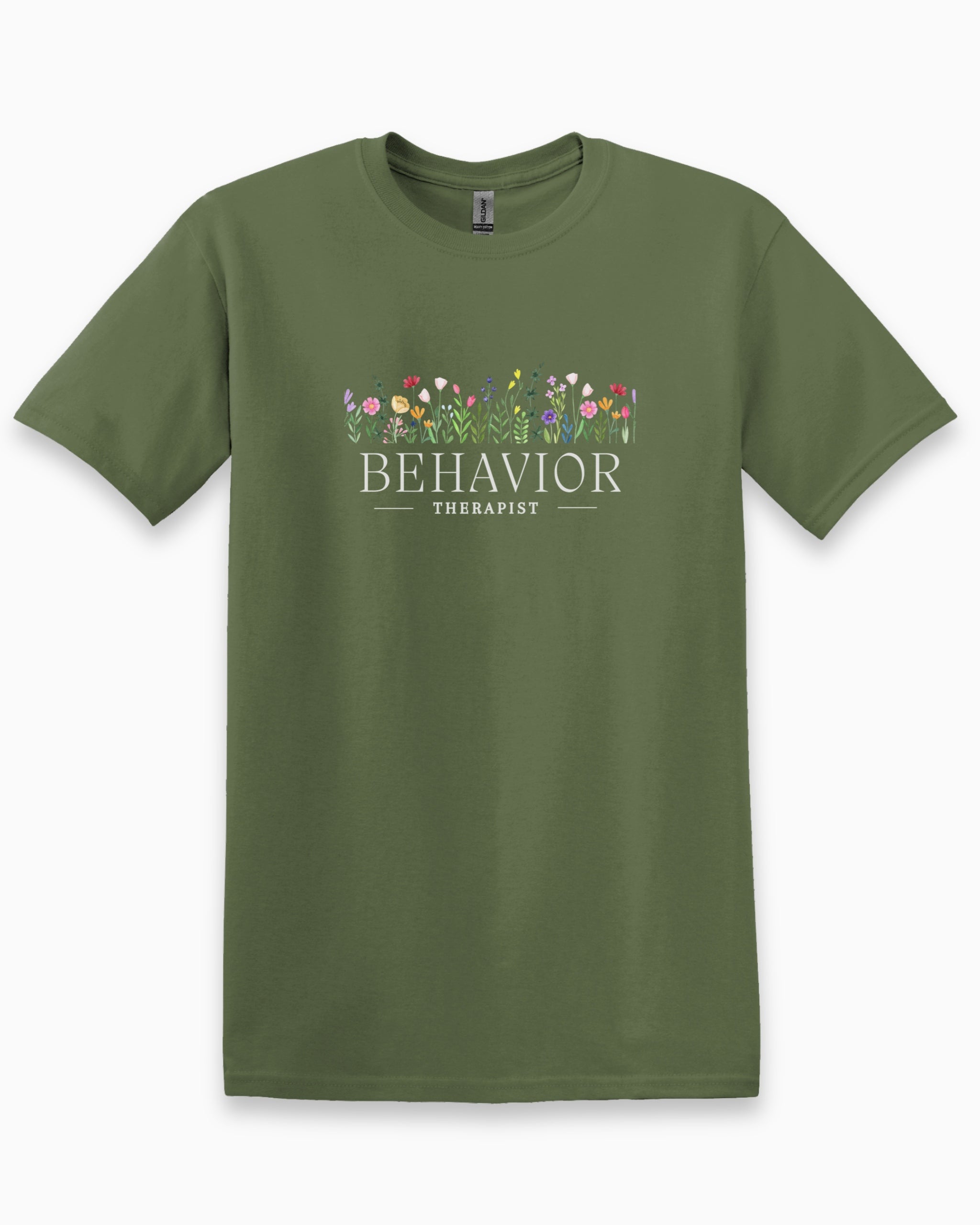 Behavior Therapist Floral Tee-Military Green-Neurodiversity, ADHD & Autism Awareness & Acceptance T-Shirt by Daily Bloom