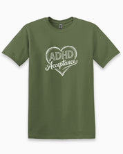ADHD Acceptance Love Heart Sketch Tee-Military Green-Neurodiversity, ADHD & Autism Awareness & Acceptance T-Shirt by Daily Bloom