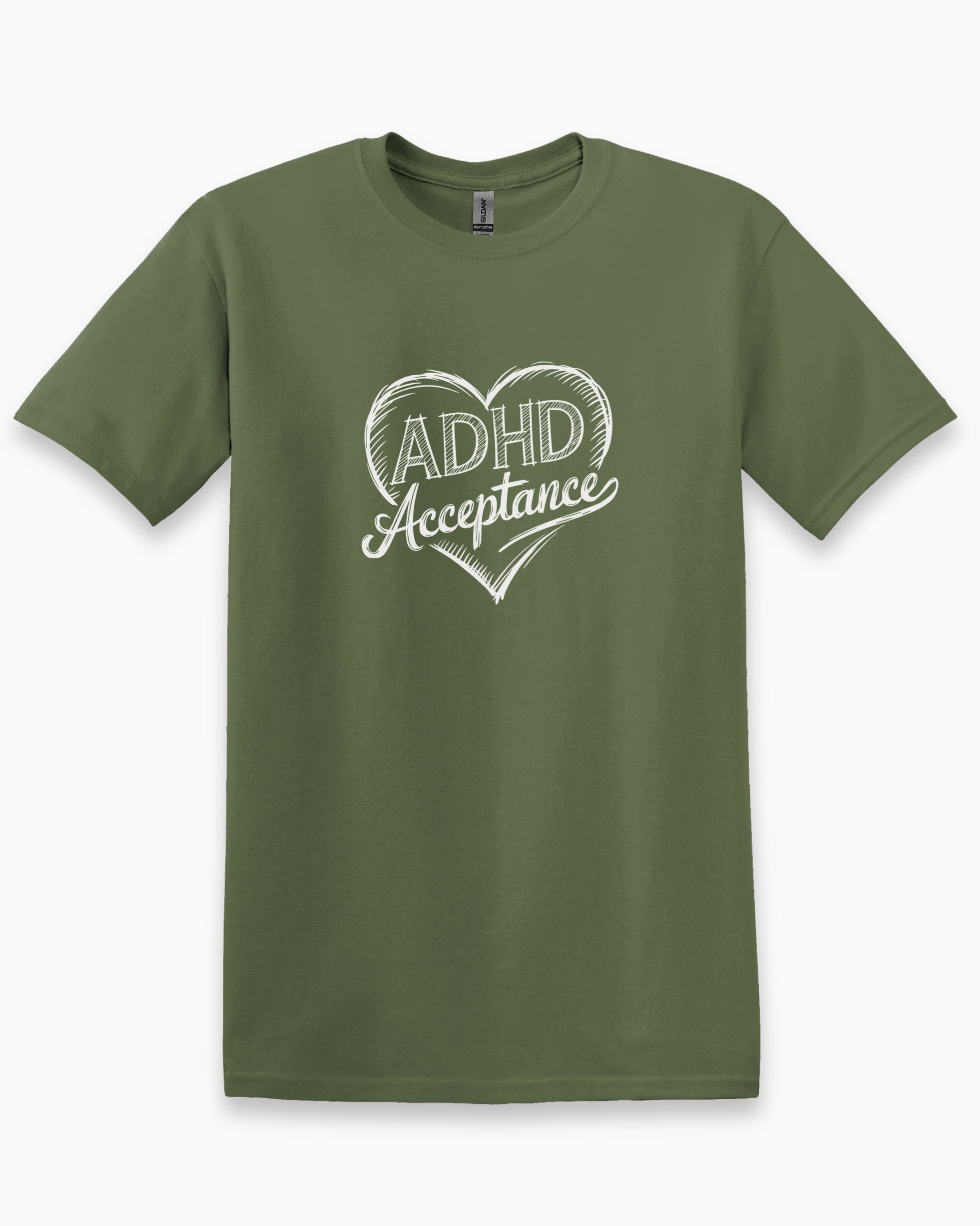 ADHD Acceptance Love Heart Sketch Tee-Military Green-Neurodiversity, ADHD & Autism Awareness & Acceptance T-Shirt by Daily Bloom