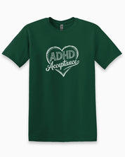 ADHD Acceptance Love Heart Sketch Tee-Forest Green-Neurodiversity, ADHD & Autism Awareness & Acceptance T-Shirt by Daily Bloom
