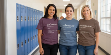 Three teachers in school hallway wearing Daily Bloom definition t-shirts featuring inclusion, advocacy, and acceptance designs